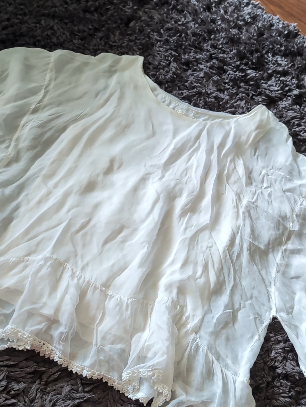 Zara Cream Sheer Lace-Trim Top 100% silk